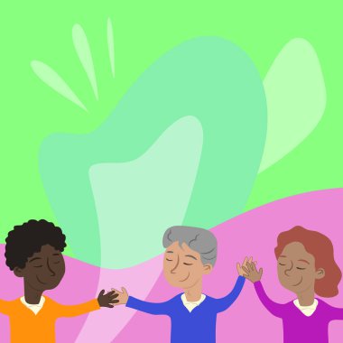 Three Standing People Drawing Holding Hands Showing Team Support.