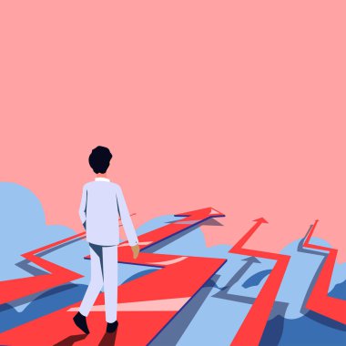Businessman In Suit Going On Arrows In Clouds And Presenting New Ideas.