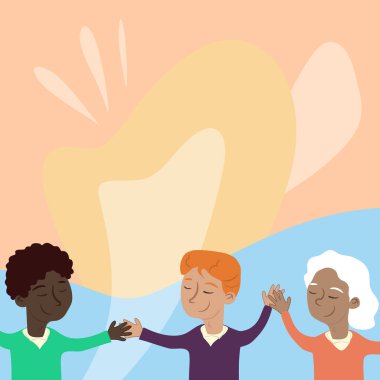 Three Standing People Drawing Holding Hands Showing Team Support.