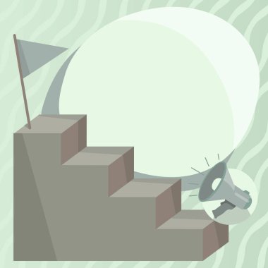 Megaphone Climbing Up Stair Case Reaching Destination Flag On Top