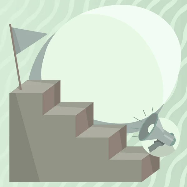 Megaphone Climbing Stair Case Reaching Destination Flag Top — Image vectorielle