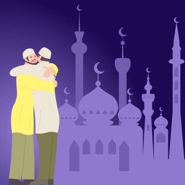 Men In Traditional Clothes Hugging In Front Of Mosque Celebrating Ramadan.