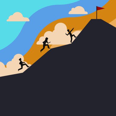 Group Of People Climbing On Mountain To Reach Goal With Flag On Top.