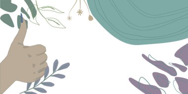 Lady Hands Thumbs Up. Arms On Leaves Background With Space For Text