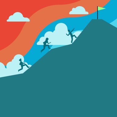 Group Of People Climbing On Mountain To Reach Goal With Flag On Top.