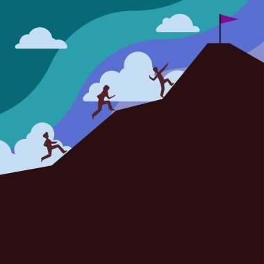 Group Of People Climbing On Mountain To Reach Goal With Flag On Top.
