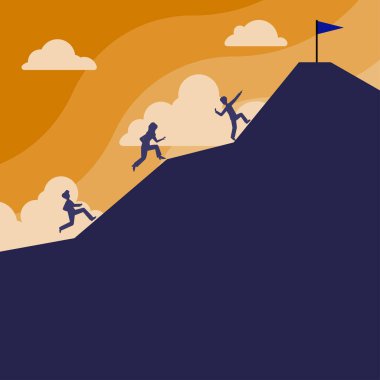 Group Of People Climbing On Mountain To Reach Goal With Flag On Top.