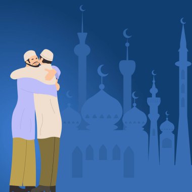 Men In Traditional Clothes Hugging In Front Of Mosque Celebrating Ramadan.