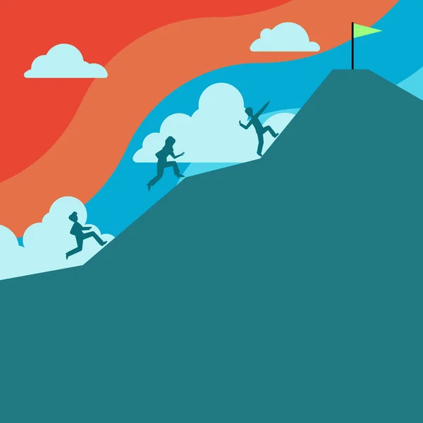 Group People Climbing Mountain Reach Goal Flag Top — Stock vektor
