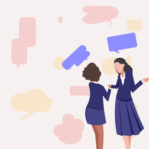 Two Colleagues Standing Sharing Thoughts Together Speech Bubbles — ストックベクタ