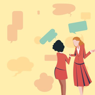 Two Colleagues Standing Sharing Thoughts Together With Speech Bubbles.