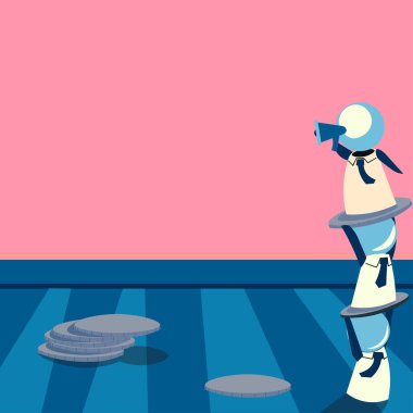 Robots Standing Over One Another And Showing Important News With Megaphone.