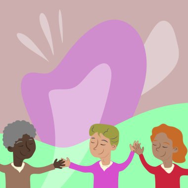 Three Standing People Drawing Holding Hands Showing Team Support.