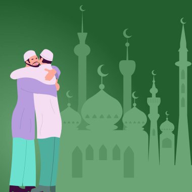 Men In Traditional Clothes Hugging In Front Of Mosque Celebrating Ramadan.