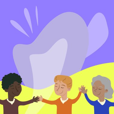 Three Standing People Drawing Holding Hands Showing Team Support.