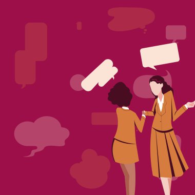 Two Colleagues Standing Sharing Thoughts Together With Speech Bubbles.