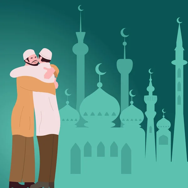 Men Traditional Clothes Hugging Front Mosque Celebrating Ramadan — Stock Vector