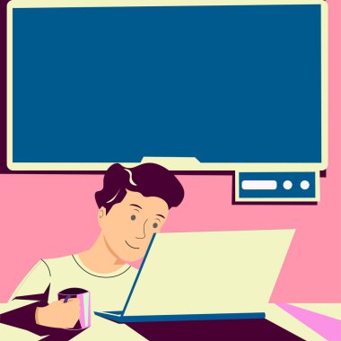 Man Holding Cup, Looking On Lap Top And Presenting News On Tv Behind.