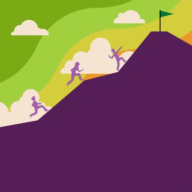 Group Of People Climbing On Mountain To Reach Goal With Flag On Top.