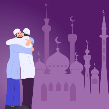 Men In Traditional Clothes Hugging In Front Of Mosque Celebrating Ramadan.