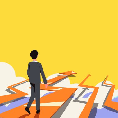 Businessman In Suit Going On Arrows In Clouds And Presenting New Ideas.