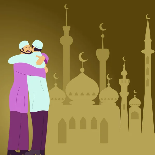 Men Traditional Clothes Hugging Front Mosque Celebrating Ramadan — Stockvector