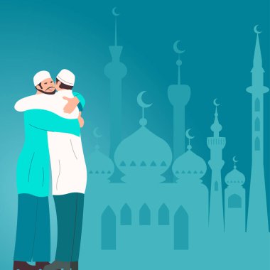 Men In Traditional Clothes Hugging In Front Of Mosque Celebrating Ramadan.