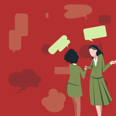 Two Colleagues Standing Sharing Thoughts Together With Speech Bubbles.