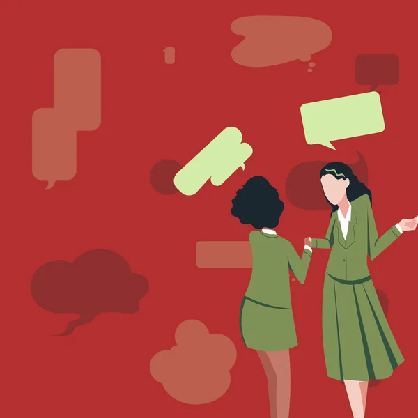 Two Colleagues Standing Sharing Thoughts Together Speech Bubbles — ストックベクタ