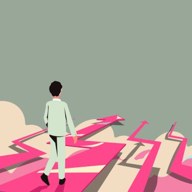 Businessman In Suit Going On Arrows In Clouds And Presenting New Ideas.