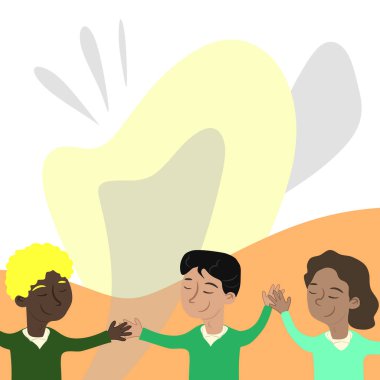 Three Standing People Drawing Holding Hands Showing Team Support.