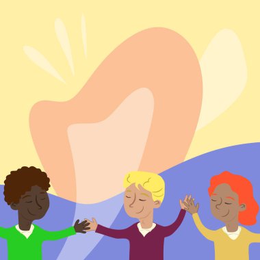 Three Standing People Drawing Holding Hands Showing Team Support.