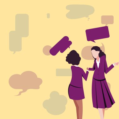 Two Colleagues Standing Sharing Thoughts Together With Speech Bubbles.