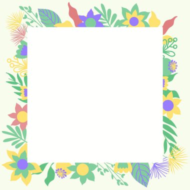 Renkli çiçekler ve ahenkli düzenlenmiş yeşilliklerle donatılmış çerçeve.