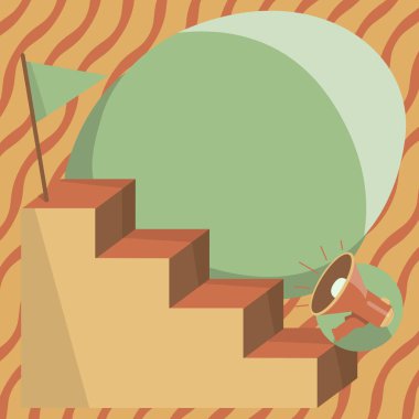 Megaphone Climbing Up Stair Case Reaching Destination Flag On Top