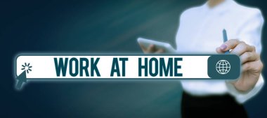 Text caption presenting Work At Home, Business overview Freelance job working on your house convenient technology Lady in suit holding pen symbolizing successful teamwork accomplishments.
