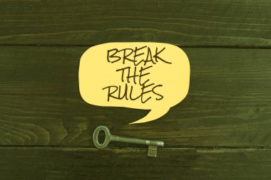 Inspiration showing sign Break The Rules, Business concept Make changes do everything different Rebellion Reform Speech Bubble With Key Over Wood Displaying Crucial Data And Strategies.