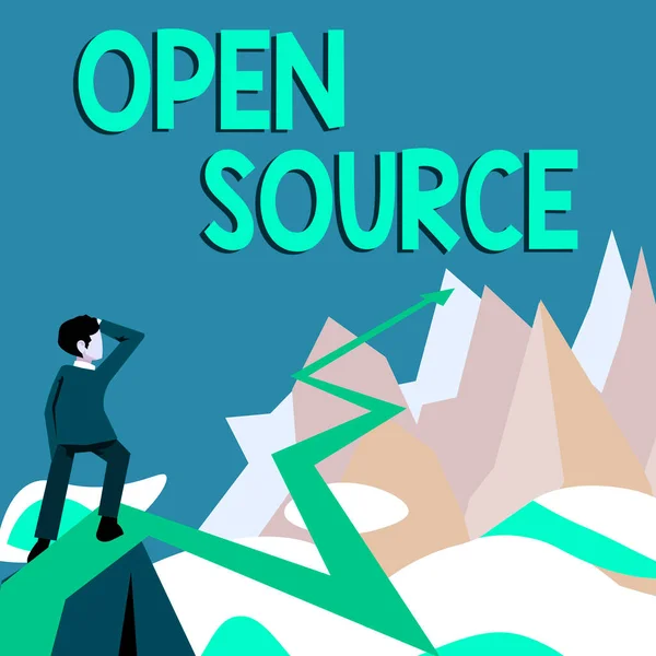 Sign displaying Open Source, Concept meaning denoting software which original source code freely available Man watching horizon arrow pointing symbolizing future project success.