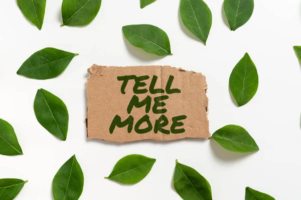 Text sign showing Tell Me More, Word Written on A call to start a conversation Sharing more knowledge Blank Paper Surrounded With Leaves For Wedding Invitation And Cards.