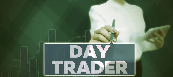 Inspiration showing sign Day Trader, Business concept A person that buy and sell financial instrument within the day Businessman in suit holding tablet symbolizing successful teamwork.