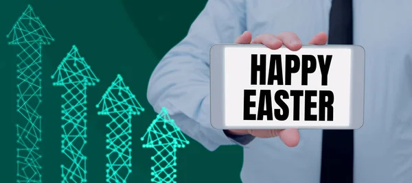Hand writing sign Happy Easter, Business idea Christian feast commemorating the resurrection of Jesus Man Showing Tablet By Arrow Symbols Presenting New Business Ideas.