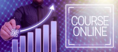 Hand writing sign Course Online, Business idea eLearning Electronic Education Distant Study Digital Class Businessman Holding Pen And Pointing On Graph With Arrows Up.