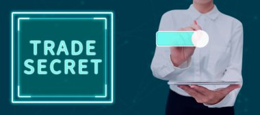 Conceptual display Trade Secret, Concept meaning Confidential information about a product Intellectual property Lady in suit holding pen symbolizing successful teamwork accomplishments.