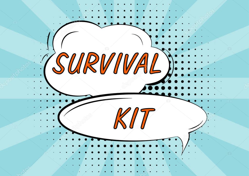 Hand writing sign Survival Kit, Business idea Emergency Equipment Collection of items to help someone Cloud And Oval Blank Speech Bubbles Representing Connecting To People.