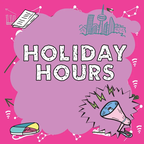 Text caption presenting Holiday Hours, Business concept Schedule 24 or7 Half Day Today Last Minute Late Closing Important Messages Presented In Frame With Megaphone, Chart And Skyline.