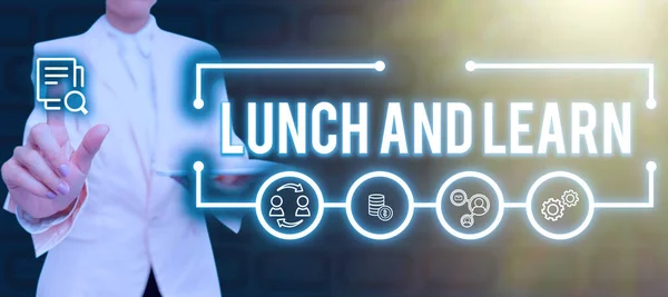 Writing displaying text Lunch And Learn, Business overview Have meal and study motivation for education learning eating Lady in suit holding pen symbolizing successful teamwork accomplishments.