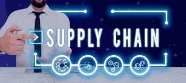 Writing displaying text Supply Chain, Internet Concept System of organization and processes from supplier to consumer Man With Pad Pointing On Play Button And Presenting Creative Concepts.