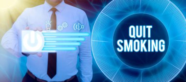 Text sign showing Quit Smoking, Concept meaning Discontinuing or stopping the use of tobacco addiction Man With Smartphone Presenting Digital S And Modern Technology.