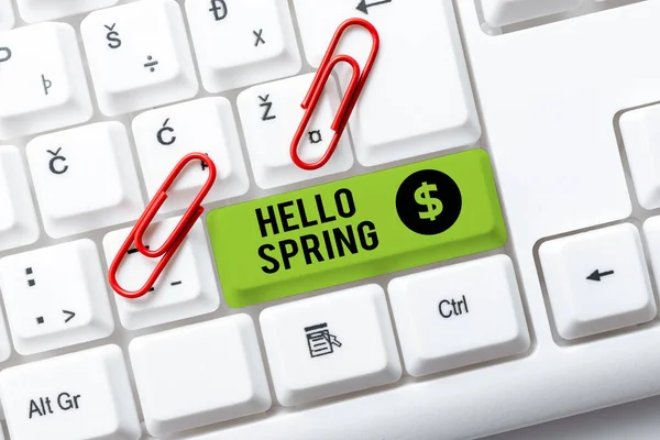 Sign Displaying Hello Spring Word Written Welcoming Season Winter Blossoming – stockfoto