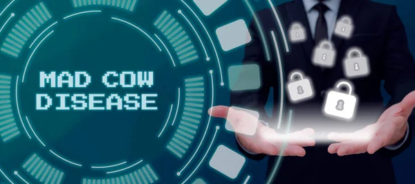 Writing displaying text Mad Cow Disease, Internet Concept Neurodegenerative lethal disease contagious eating meat Business Person Holding Digital Lock Symble Technology In Hands